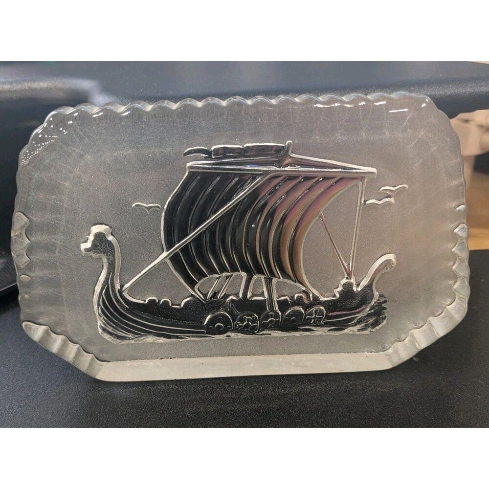 Large Vintage Nybro Sweden Art Glass Viking Ship Paperweight Intaglio Sculpture